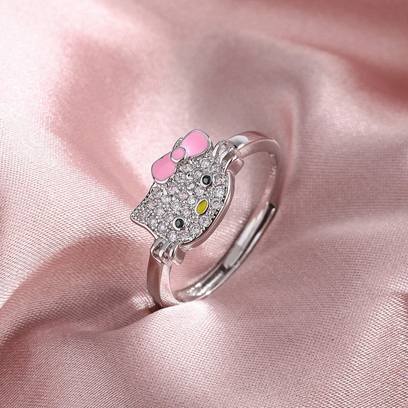 Sanrio Hello Kitty Ring Cute Cartoon KT Cat Rhinestone Zircon Mosaic 925 Silver Girl Ring Ornaments Jewelry Holiday Gift