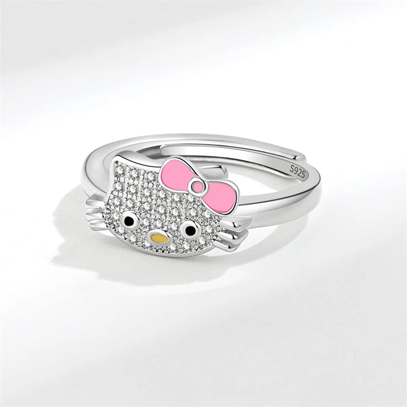 Sanrio Hello Kitty Ring Cute Cartoon KT Cat Rhinestone Zircon Mosaic 925 Silver Girl Ring Ornaments Jewelry Holiday Gift